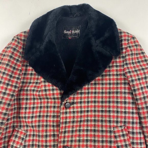 Vintage Royal Knight Faux Fur Collar Overcoat Top Coat Pea Mens Size 38 SHORT - Picture 2 of 14